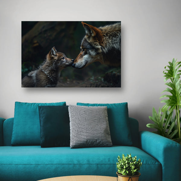 Wolf en welp in het bos poster