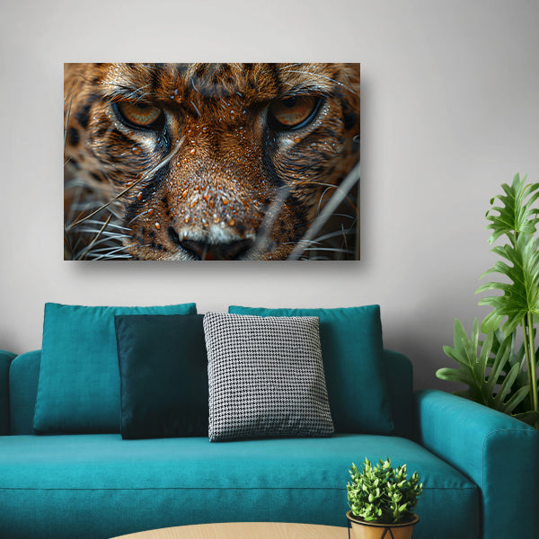Close-up van natte luipaard met intense blik poster