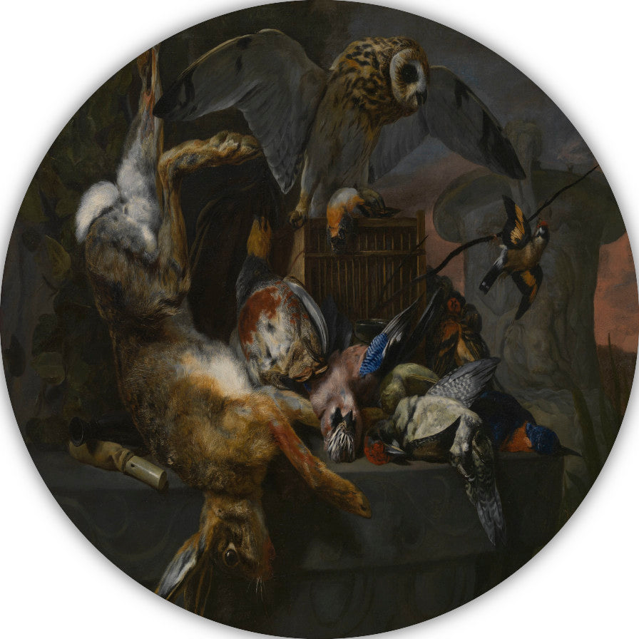 Jachtstilleven met haas en uil - Pieter Boel aluminium muurcirkel