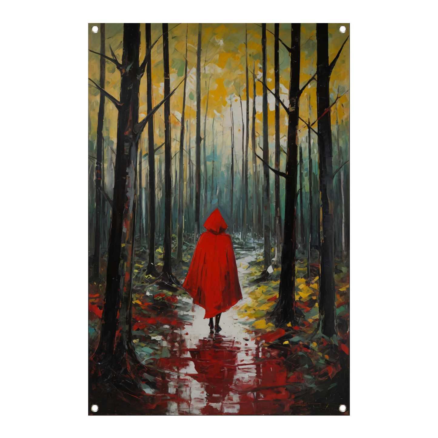 Eenzame figuur in Herfstbos met Rode Mantel tuinposter