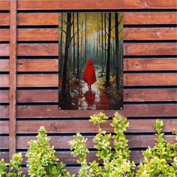 Eenzame figuur in Herfstbos met Rode Mantel tuinposter