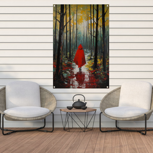 Eenzame figuur in Herfstbos met Rode Mantel tuinposter