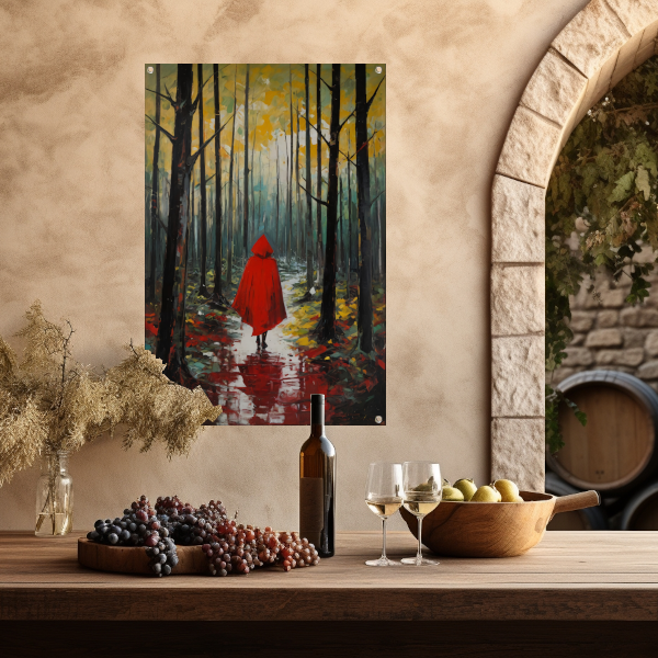 Eenzame figuur in Herfstbos met Rode Mantel tuinposter