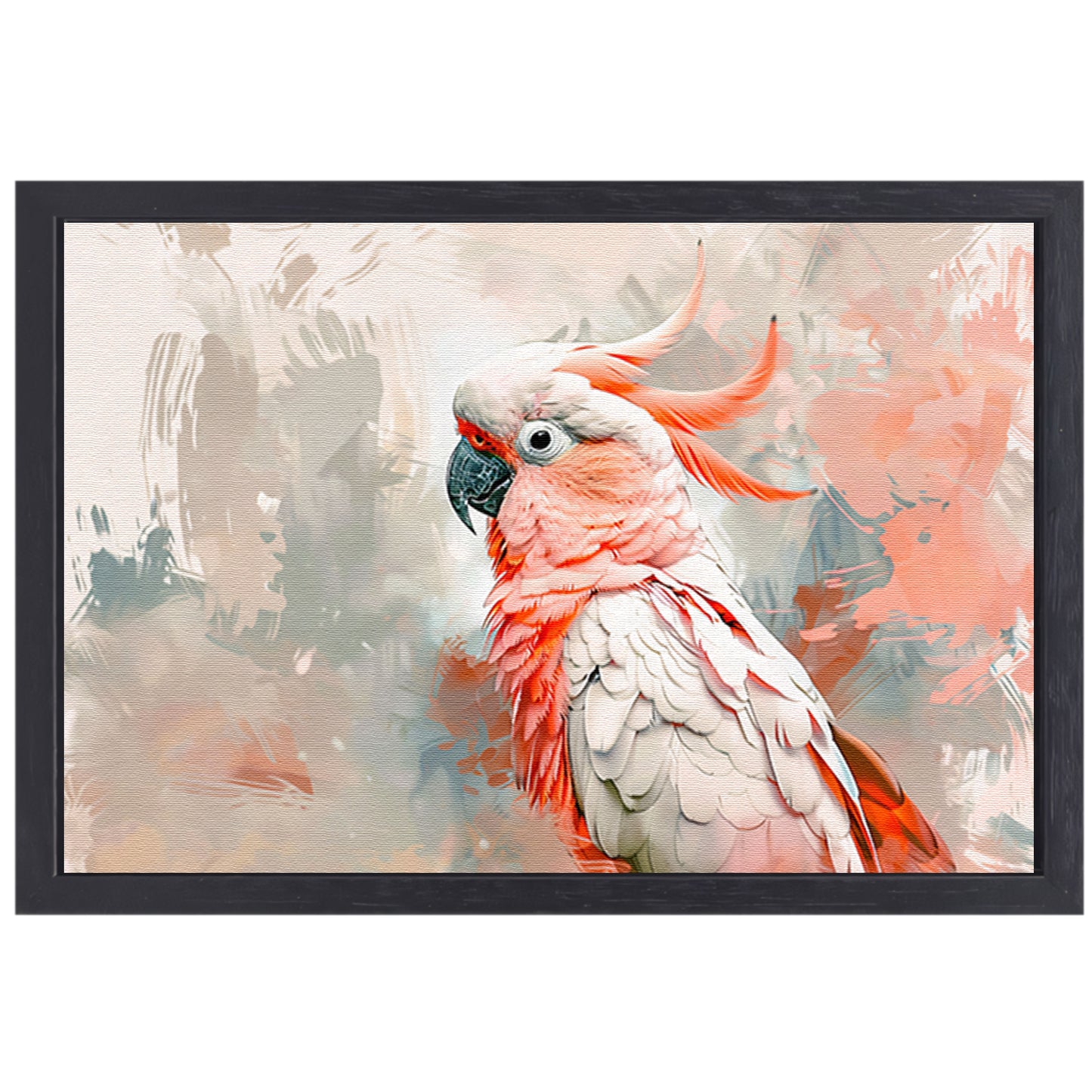 Surrealistische kleurrijke papegaai op abstracte achtergrond canvas met baklijst