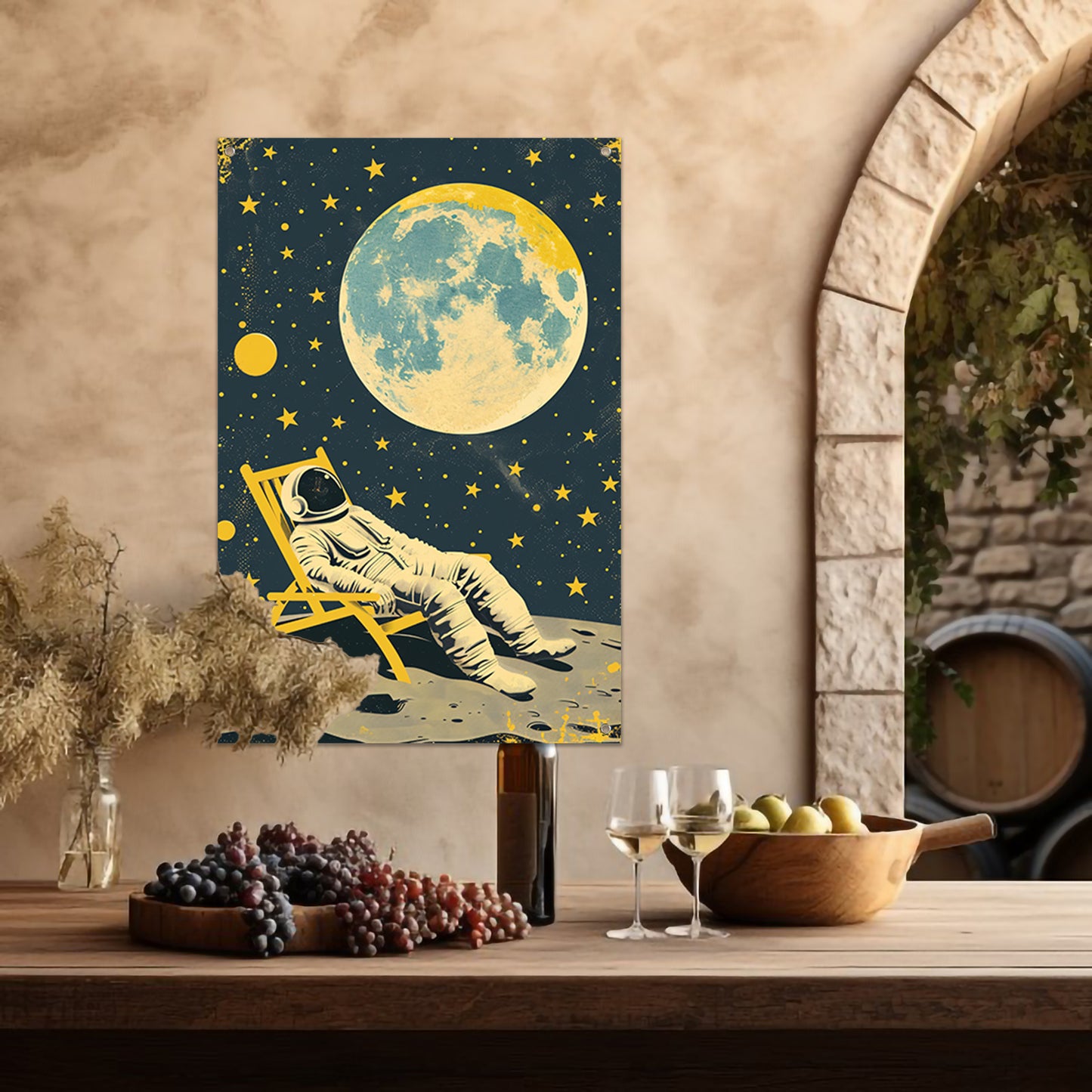 Ontspannen astronaut onder een volle maan tuinposter