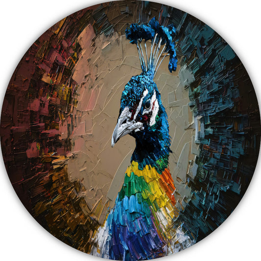 Dynamische kleurrijke pauw in abstracte stijl aluminium muurcirkel