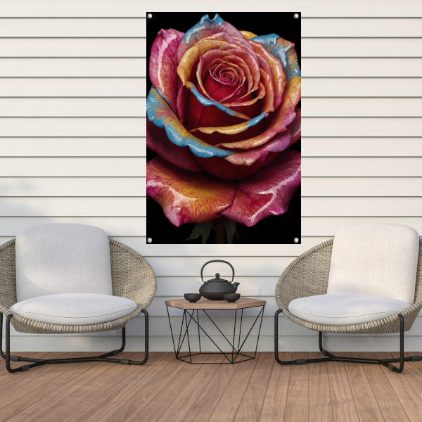 Abstracte explosie van kleurrijke rozenpracht tuinposter