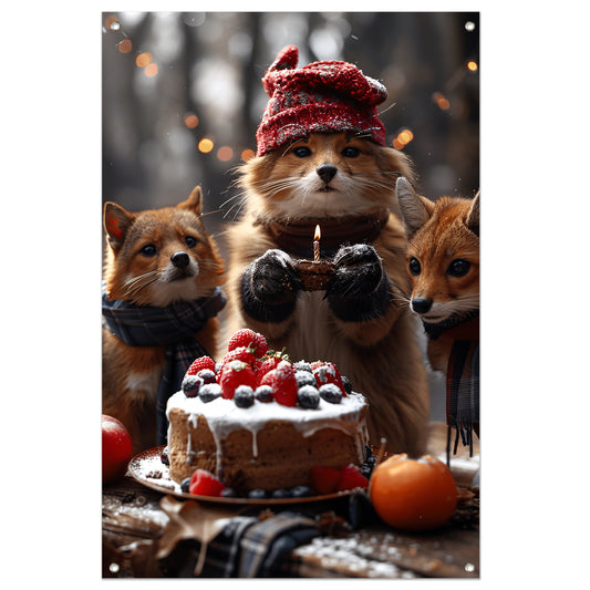 Vos Viert Verjaardag in Winterbos tuinposter