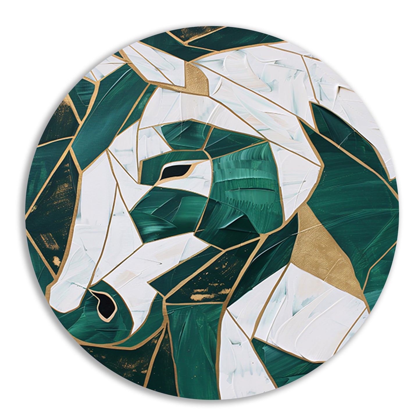 Abstract groen-gouden paardenschilderij aluminium muurcirkel