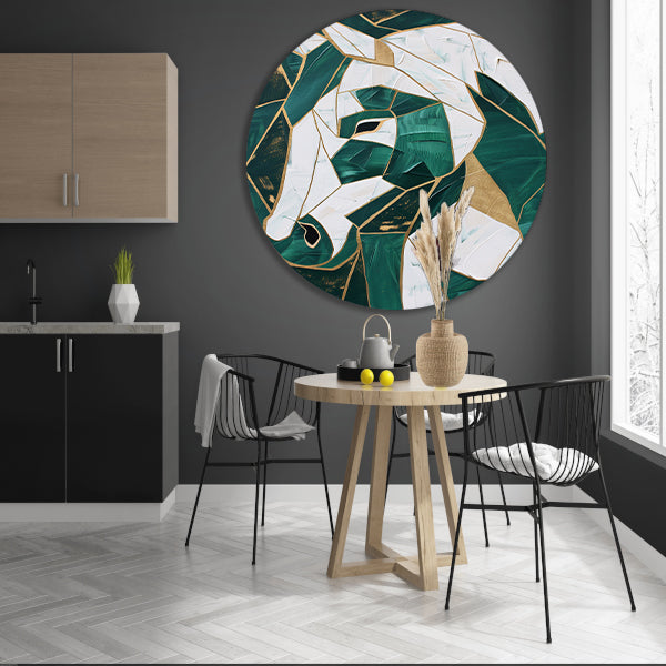 Abstract groen-gouden paardenschilderij aluminium muurcirkel