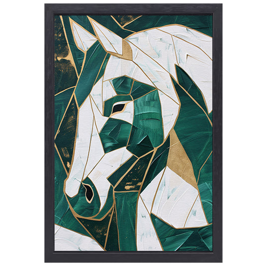 Abstract groen-gouden paardenschilderij op canvas canvas met baklijst