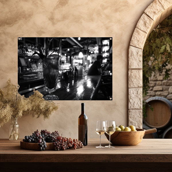 Zwart-wit cocktailglas op houten bar tuinposter