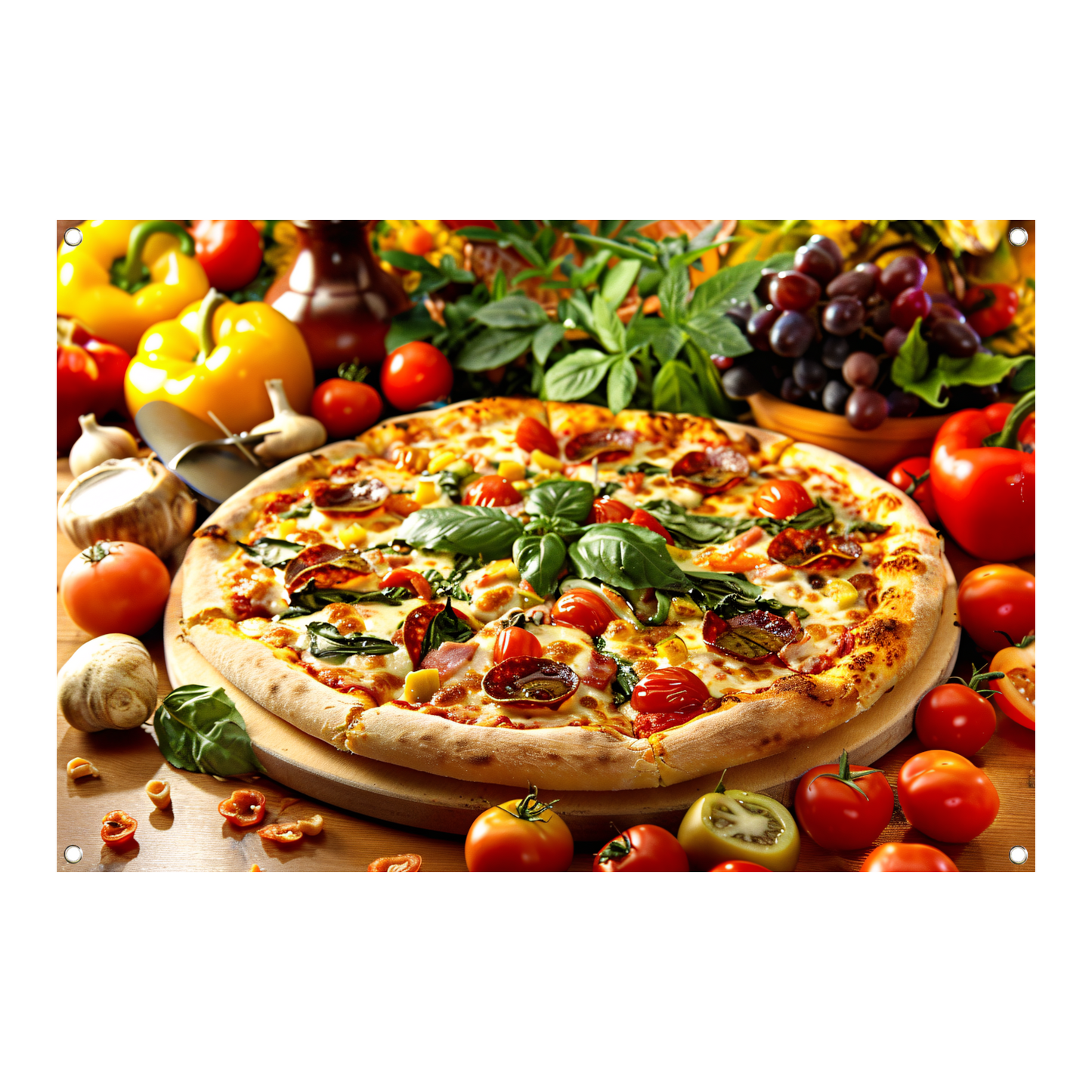 Ambachtelijke pizza met verse kruiden en groenten tuinposter