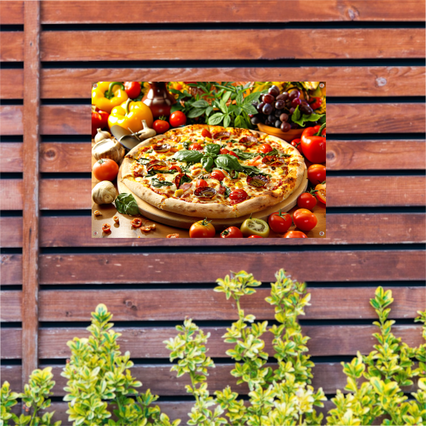 Ambachtelijke pizza met verse kruiden en groenten tuinposter