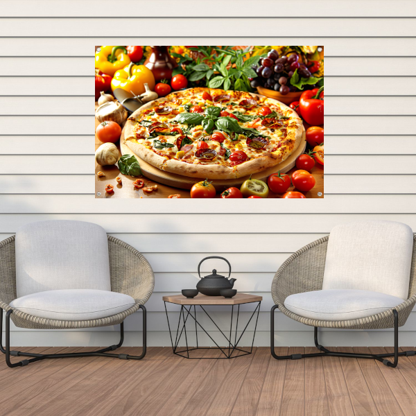 Ambachtelijke pizza met verse kruiden en groenten tuinposter