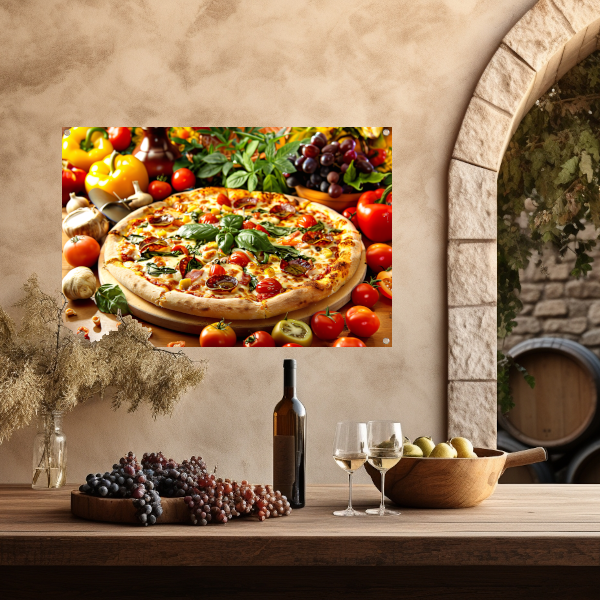 Ambachtelijke pizza met verse kruiden en groenten tuinposter