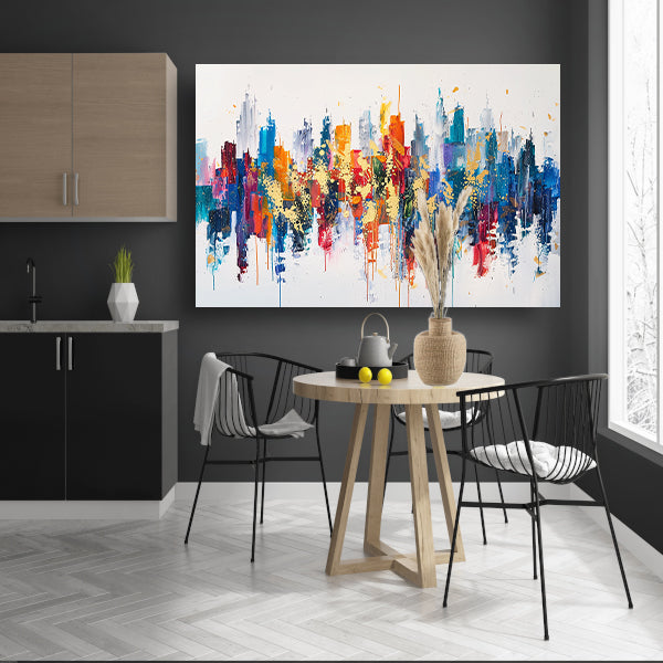 Kleurrijke abstracte stad met dynamische verfspatten poster