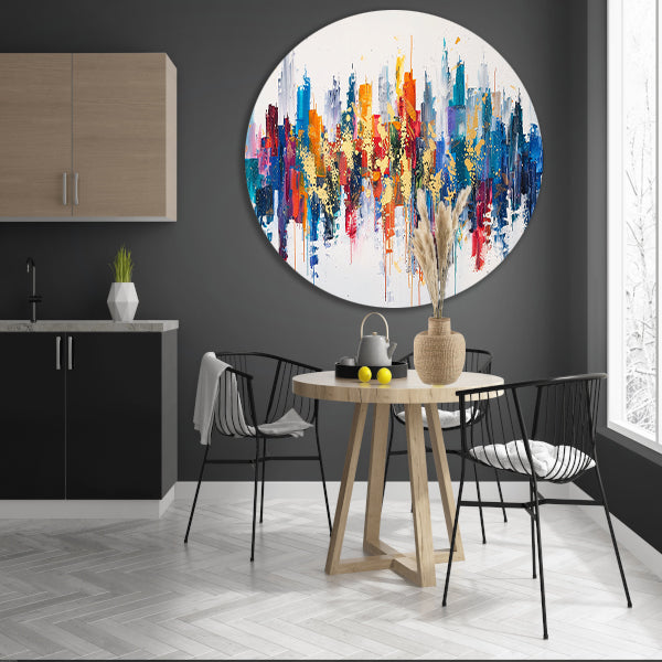 Kleurrijke abstracte stad met dynamische verfspatten aluminium muurcirkel