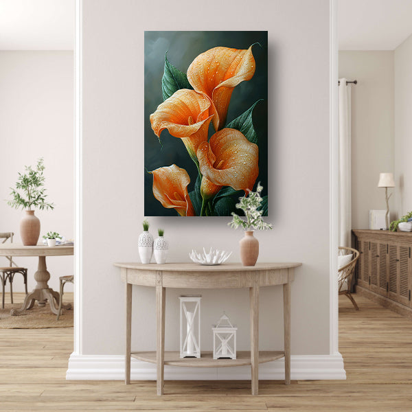 Oranje calla lelies met dauw tegen donkere achtergrond canvas