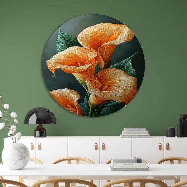 Oranje calla lelies met dauw tegen donkere achtergrond forex muurcirkel