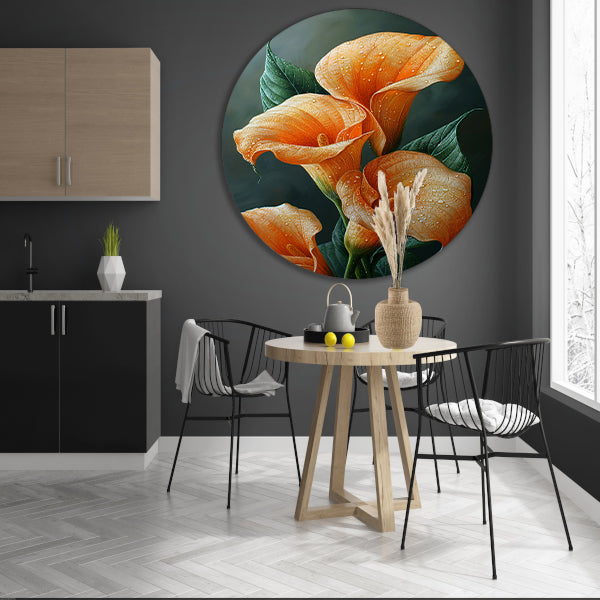 Oranje calla lelies met dauw tegen donkere achtergrond forex muurcirkel