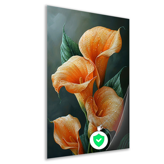 Oranje calla lelies met dauw tegen donkere achtergrond poster
