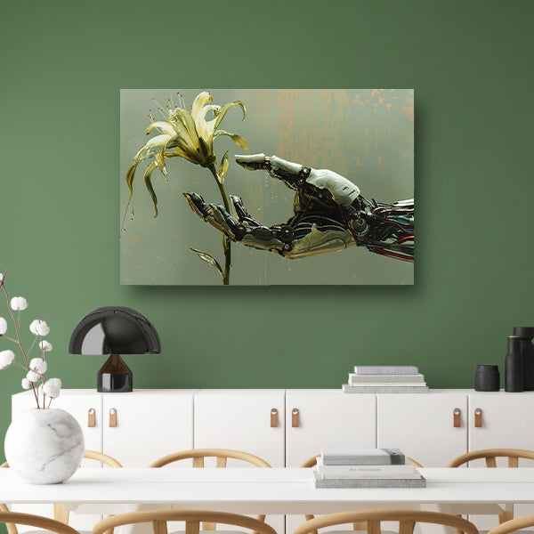 Robotische hand houdt delicate bloem vast canvas