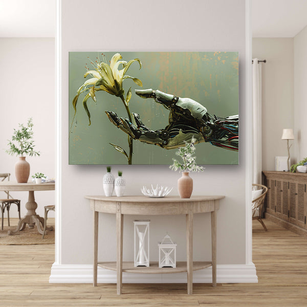 Robotische hand houdt delicate bloem vast canvas
