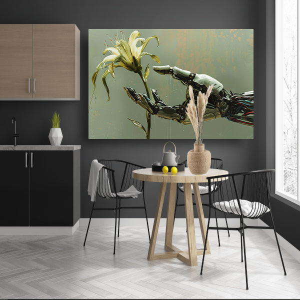 Robotische hand houdt delicate bloem vast canvas