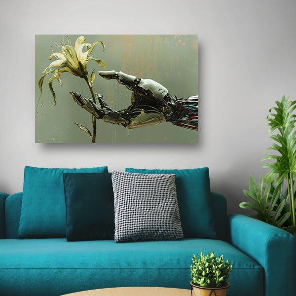 Robotische hand houdt delicate bloem vast canvas