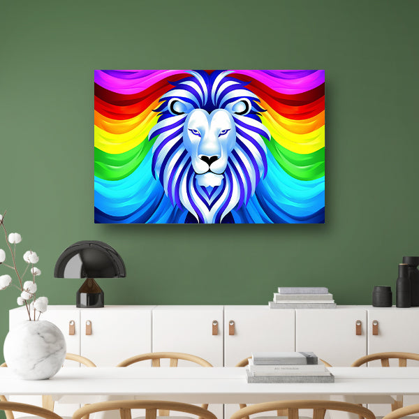 Kleurrijke abstracte leeuw met regenboog manen canvas met baklijst