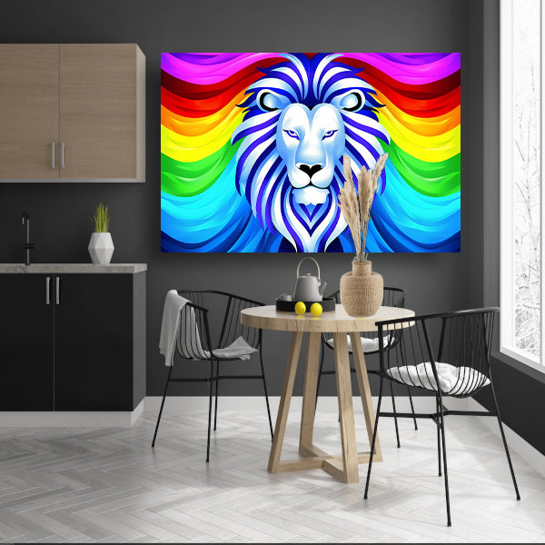 Kleurrijke abstracte leeuw met regenboog manen canvas met baklijst