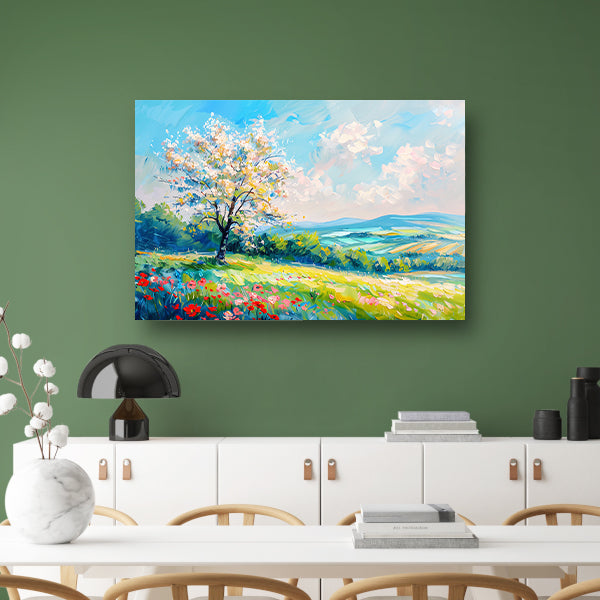 Bloeiende boom in kleurrijk lente landschap poster
