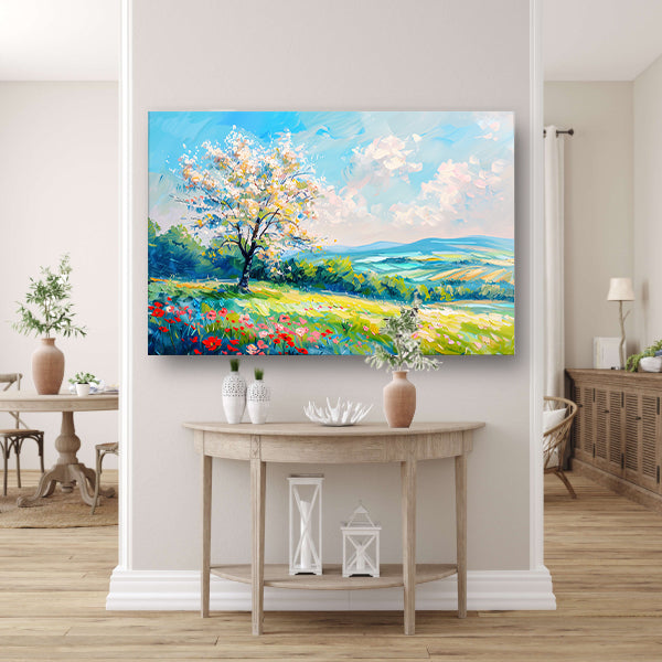 Bloeiende boom in kleurrijk lente landschap poster