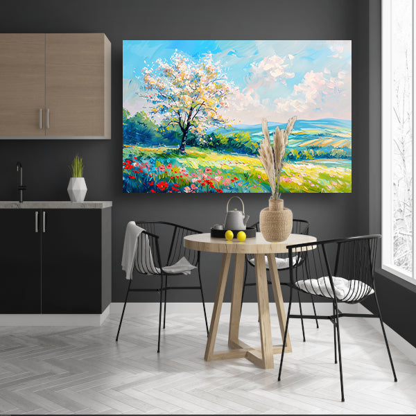 Bloeiende boom in kleurrijk lente landschap poster