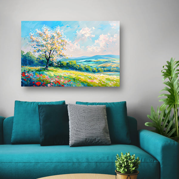 Bloeiende boom in kleurrijk lente landschap poster
