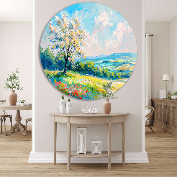 Bloeiende boom in kleurrijk lente landschap aluminium muurcirkel