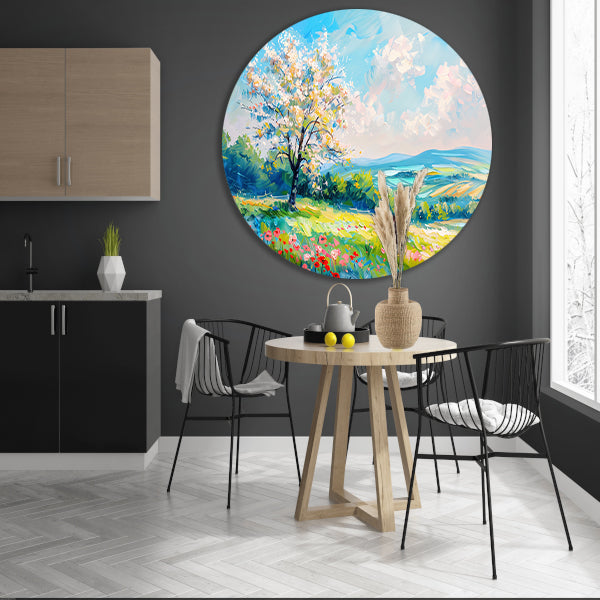 Bloeiende boom in kleurrijk lente landschap aluminium muurcirkel