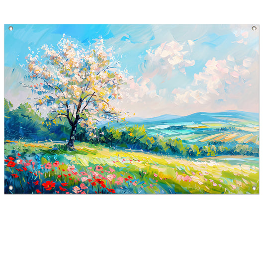 Bloeiende boom in kleurrijk lente landschap tuinposter