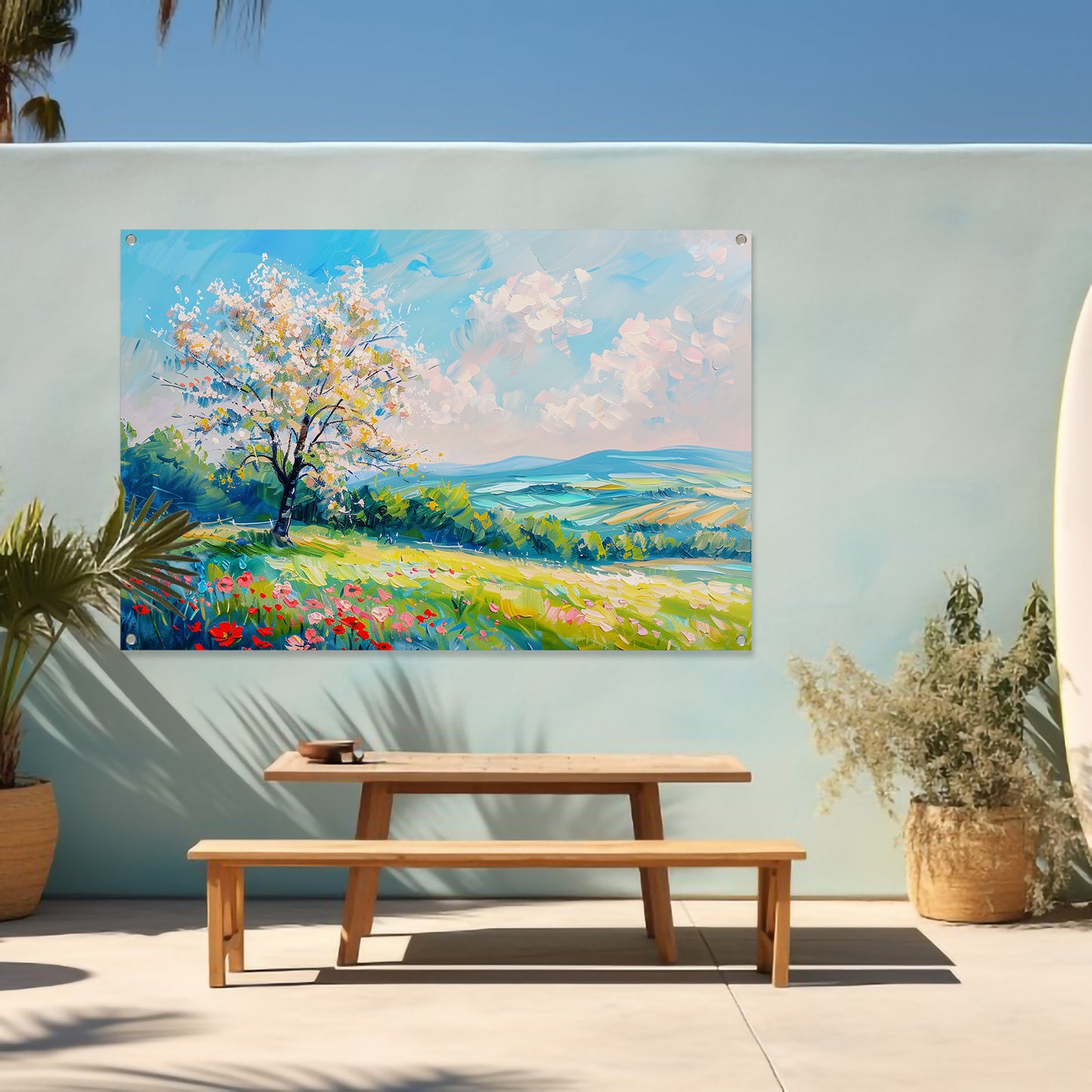 Bloeiende boom in kleurrijk lente landschap tuinposter