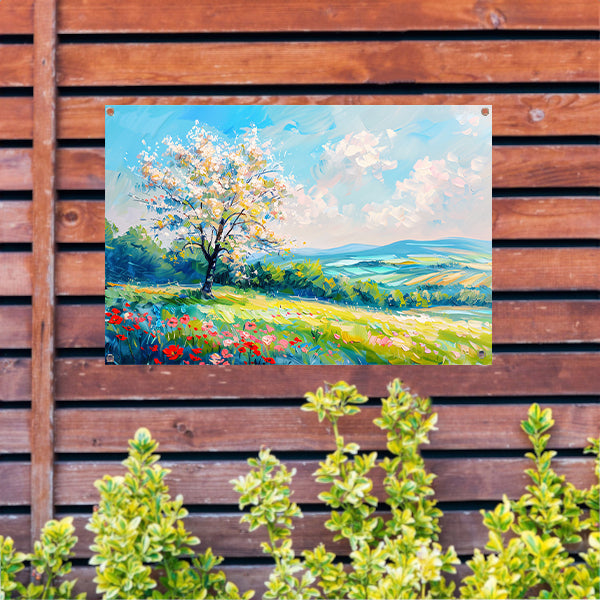 Bloeiende boom in kleurrijk lente landschap tuinposter