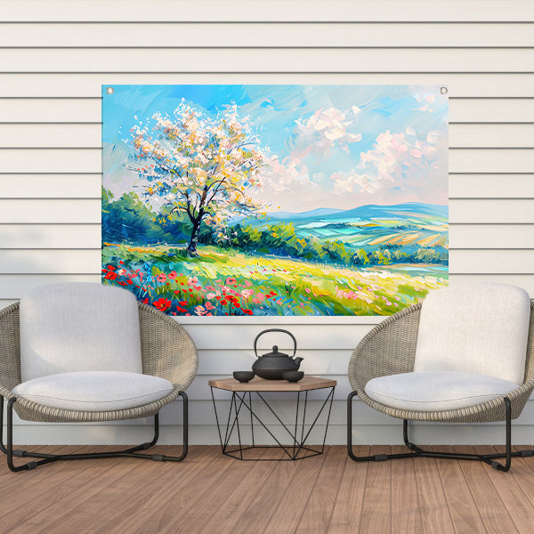Bloeiende boom in kleurrijk lente landschap tuinposter
