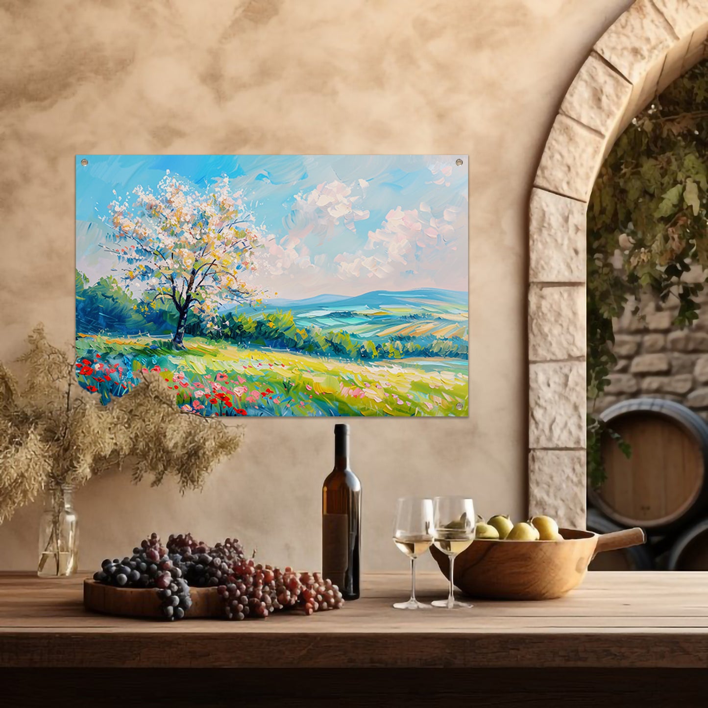 Bloeiende boom in kleurrijk lente landschap tuinposter