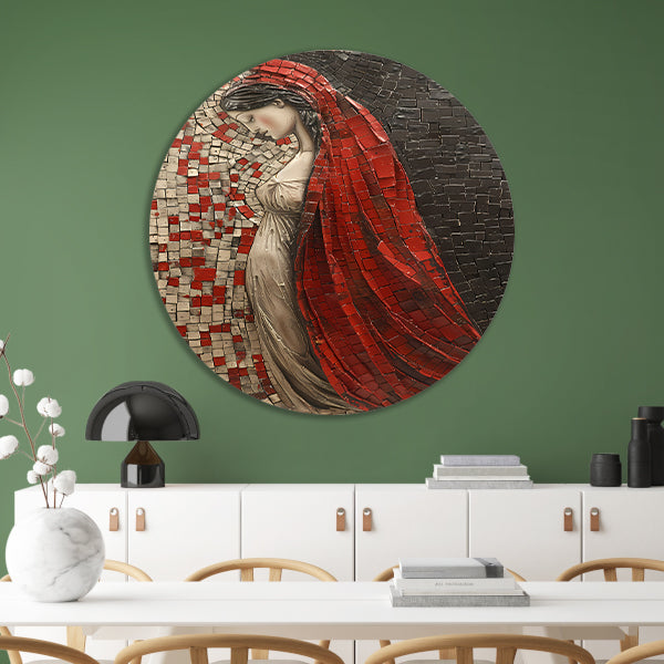 Rode Sluier Mozaïek van een Elegante Vrouw aluminium muurcirkel