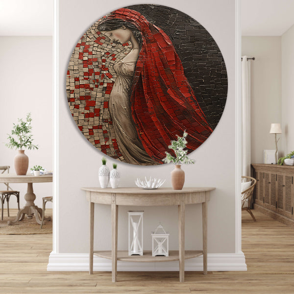 Rode Sluier Mozaïek van een Elegante Vrouw aluminium muurcirkel