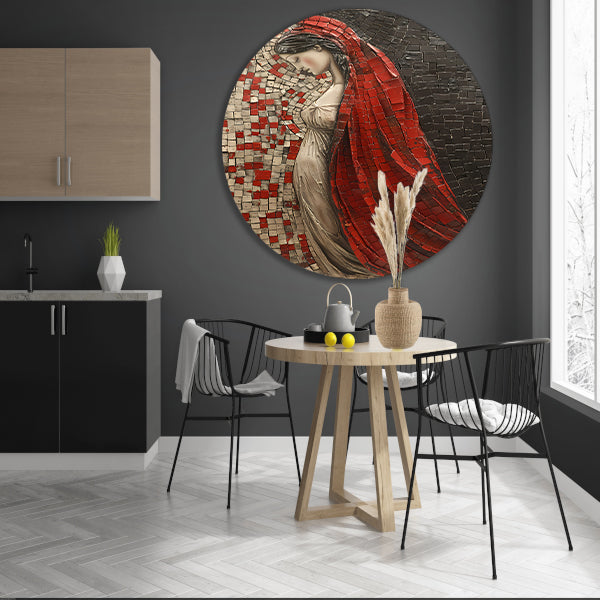 Rode Sluier Mozaïek van een Elegante Vrouw aluminium muurcirkel