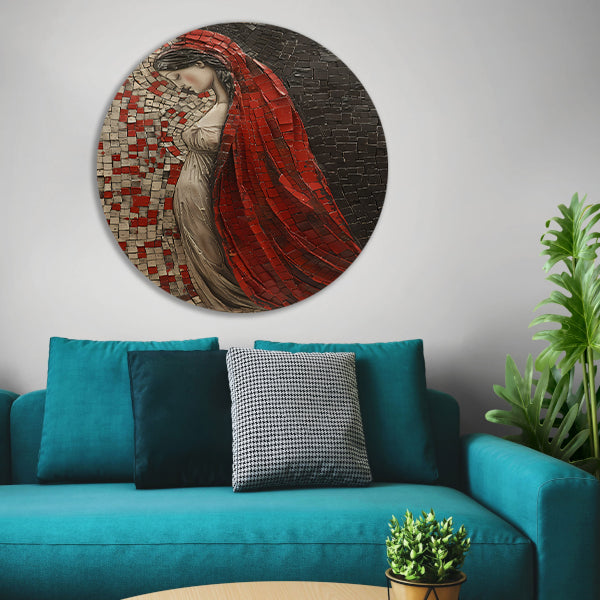 Rode Sluier Mozaïek van een Elegante Vrouw aluminium muurcirkel