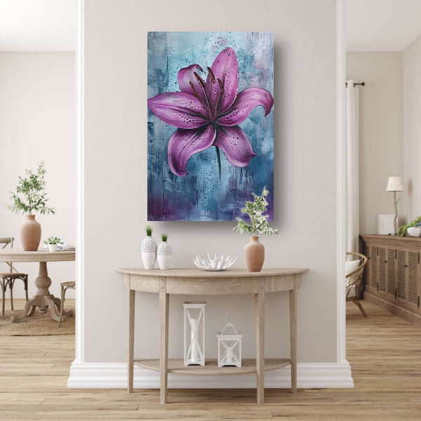 Moderne paarse lelie tegen blauwe achtergrond acrylglas