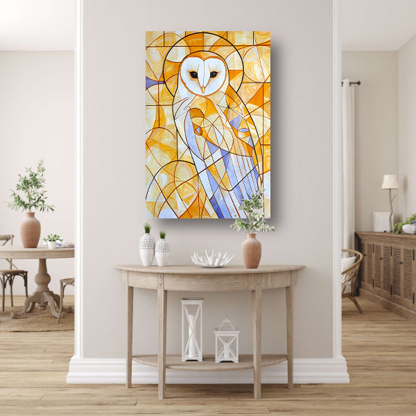 Geometrische uil schilderij in warme kleuren acrylglas
