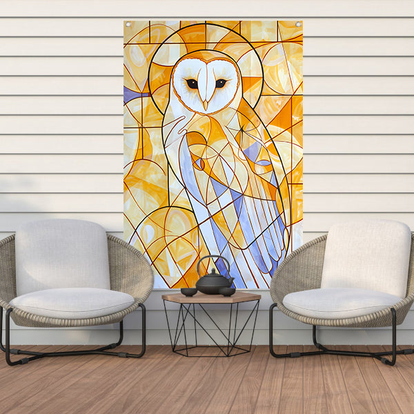 Geometrische uil schilderij in warme kleuren tuinposter